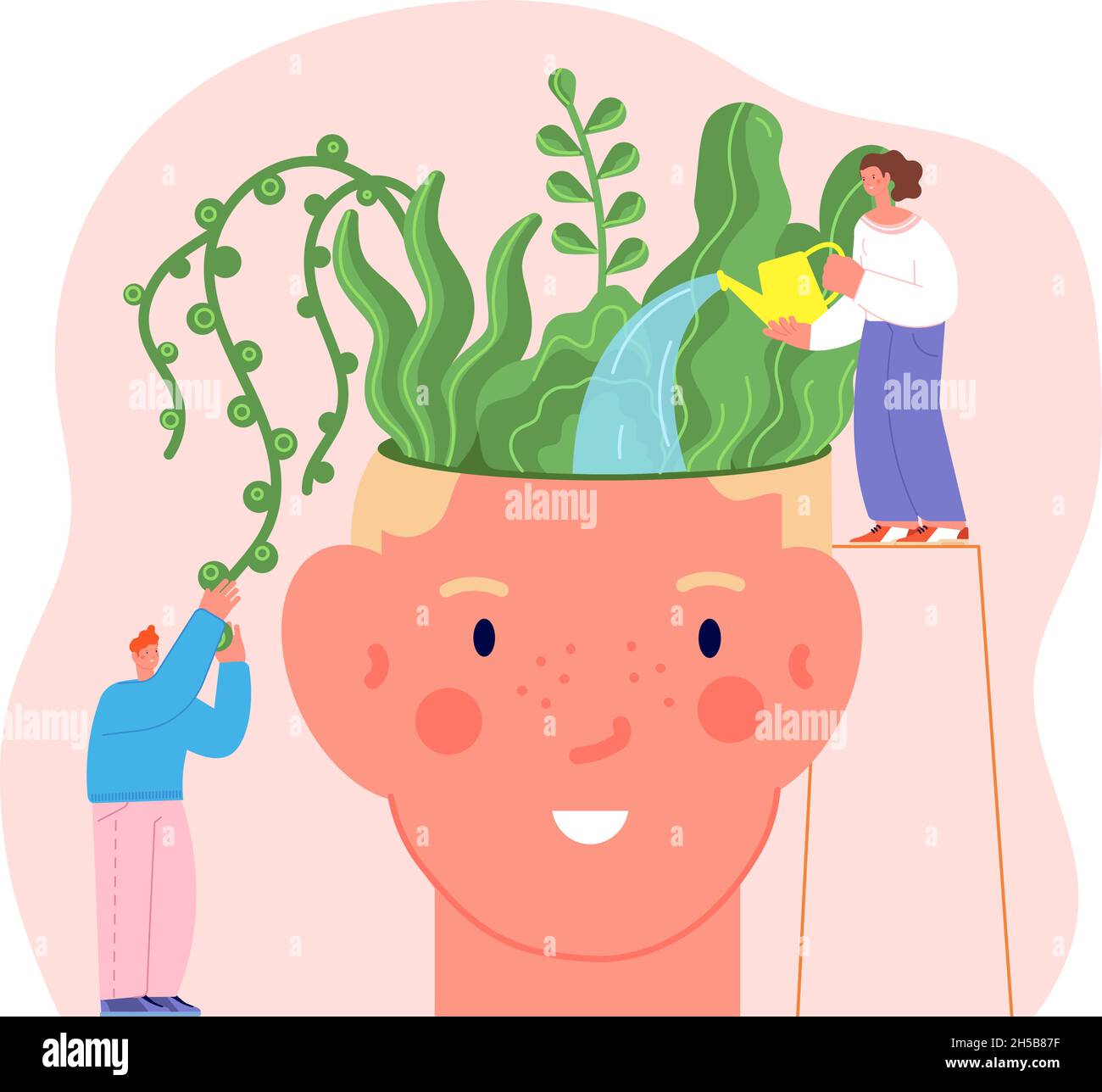 Mental health concept. Mind therapy, flowers in human head. People care about plants, positive thoughts and happiness utter vector metaphor Stock Vector