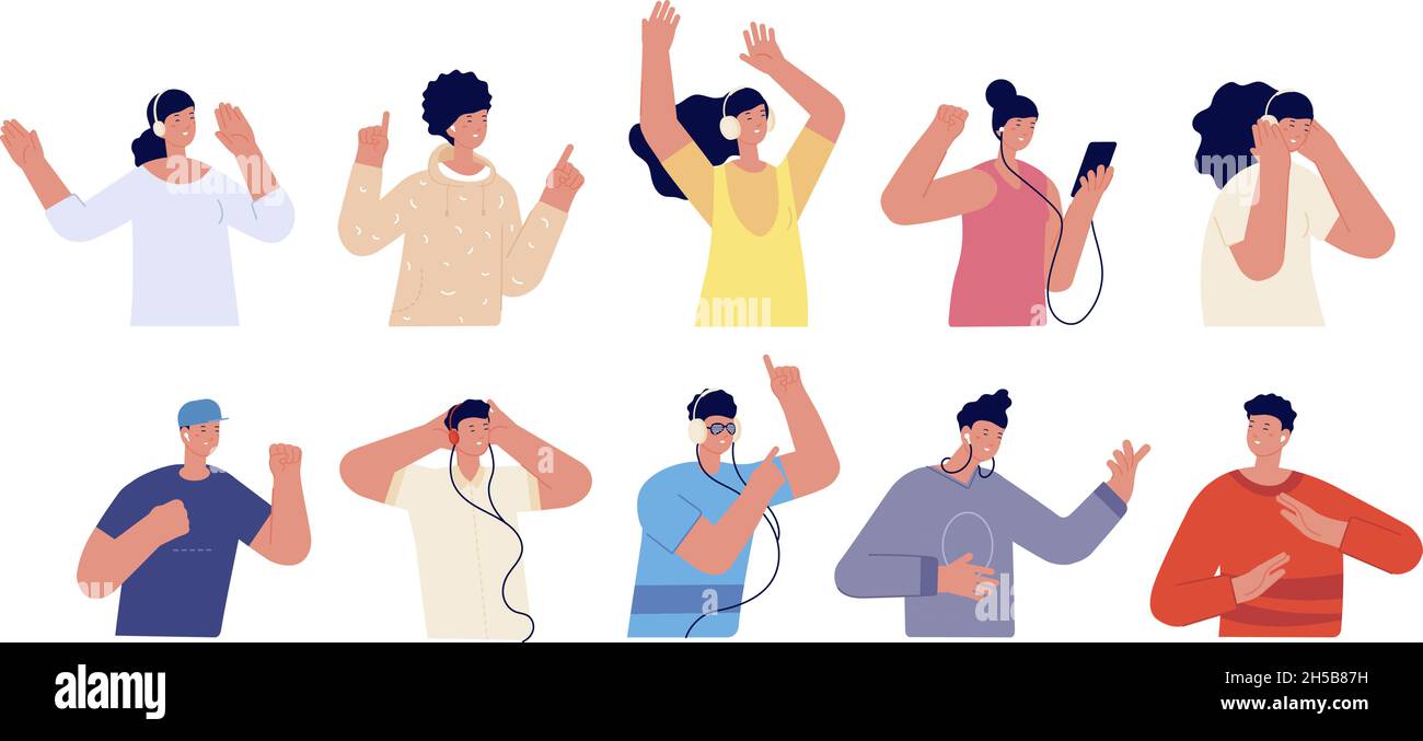 People listen music. Happy person listening in headphones, isolated young guys. Audiobook or podcast in smartphone. Joyful utter vector characters Stock Vector