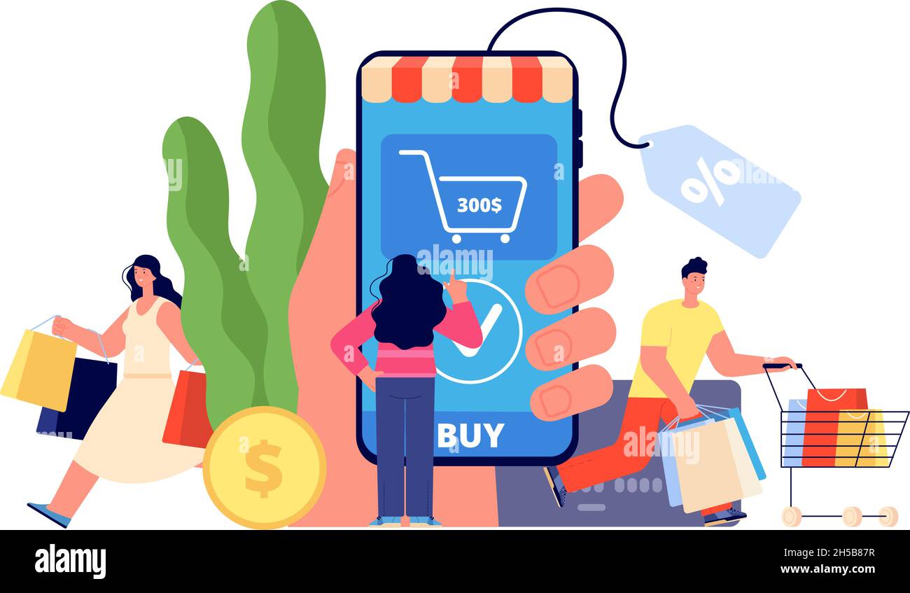 Person online shopping. Easy payment, shop app smartphone. Modern woman buy, ecommerce and delivery. Internet customer utter vector concept Stock Vector
