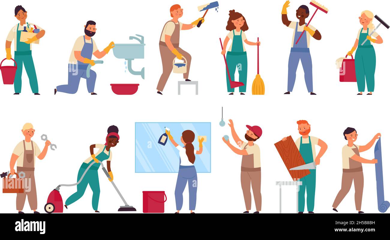 Cartoon repairman characters. Home workers, construction builder painter with equipment. Cleaning and house renovation team decent vector set Stock Vector