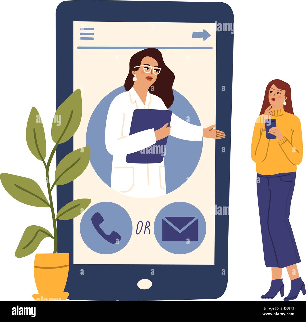 Medical help online. Doctor phone app, telemedicine. Psychotherapy consulting, therapist help woman remote vector concept Stock Vector