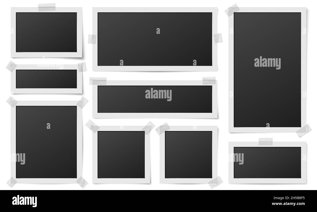 Square photo frames. Photos framing, frame photography template. Realistic digital blank image on tape pieces, isolated cards recent vector set Stock Vector