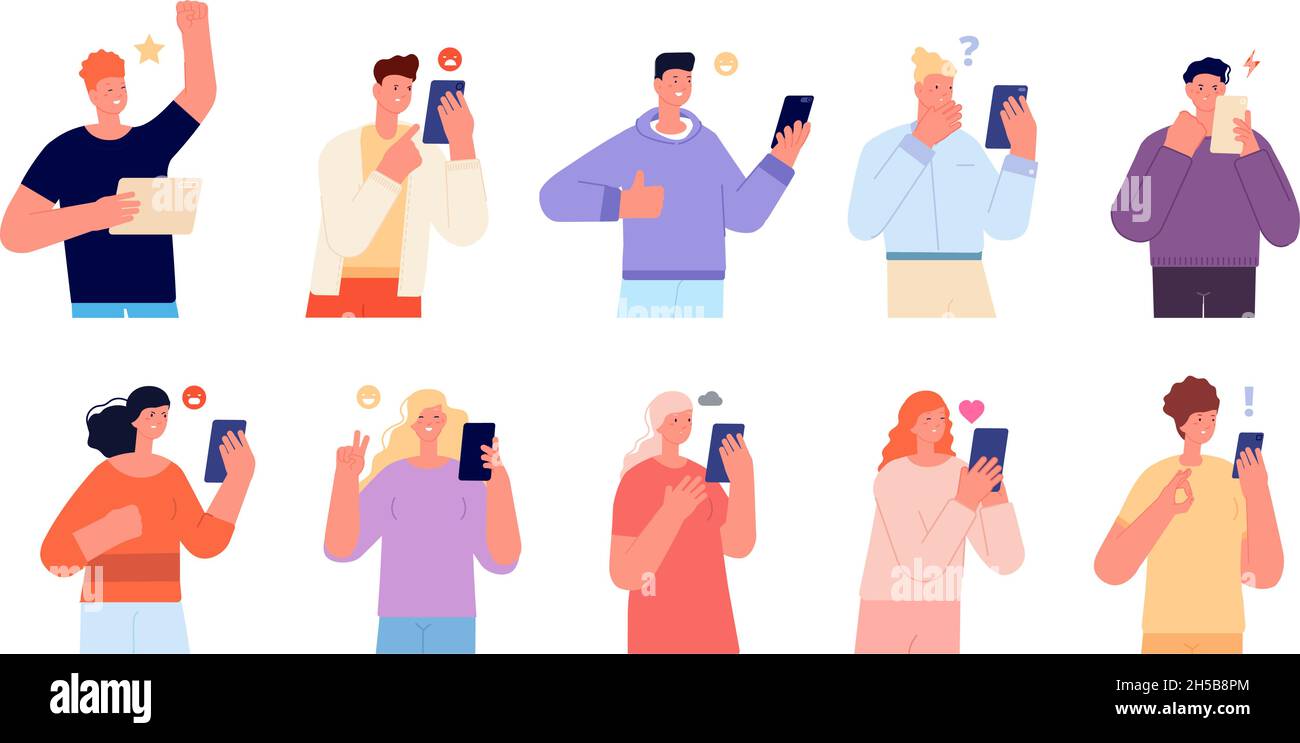 Emotional conversation. Persons talking, young friends talk on phone. Persons group asking online help, mobile chatting utter vector characters Stock Vector
