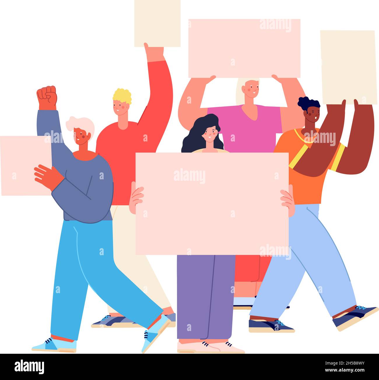 Group with placards. Protest companies, diverse corporate people holding blank banners. Demonstration crowd, employee activist utter vector scene Stock Vector