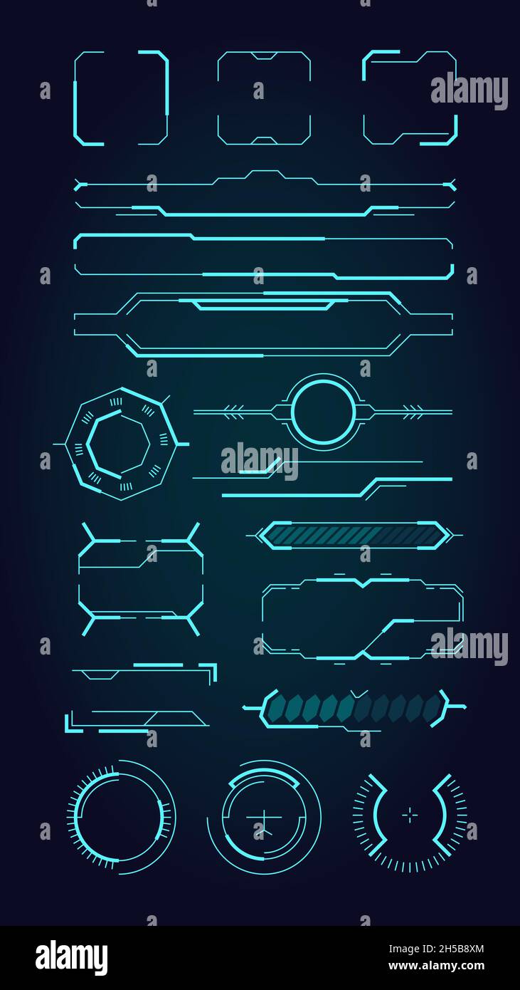 Hud ui elements. Sci fi infographic modern space symbols for web design interface futuristic digital frames for screen and dividers vector set Stock Vector