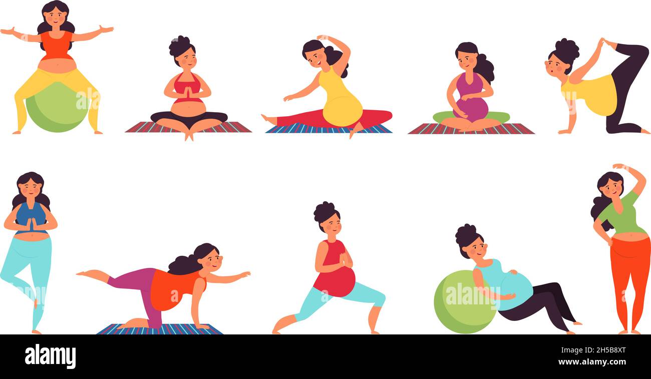 Yoga for pregnant. Pregnancy woman relaxing, pilates or gym exercise. Prenatal  sport support, healthy female waiting baby decent vector set Stock Vector  Image & Art - Alamy