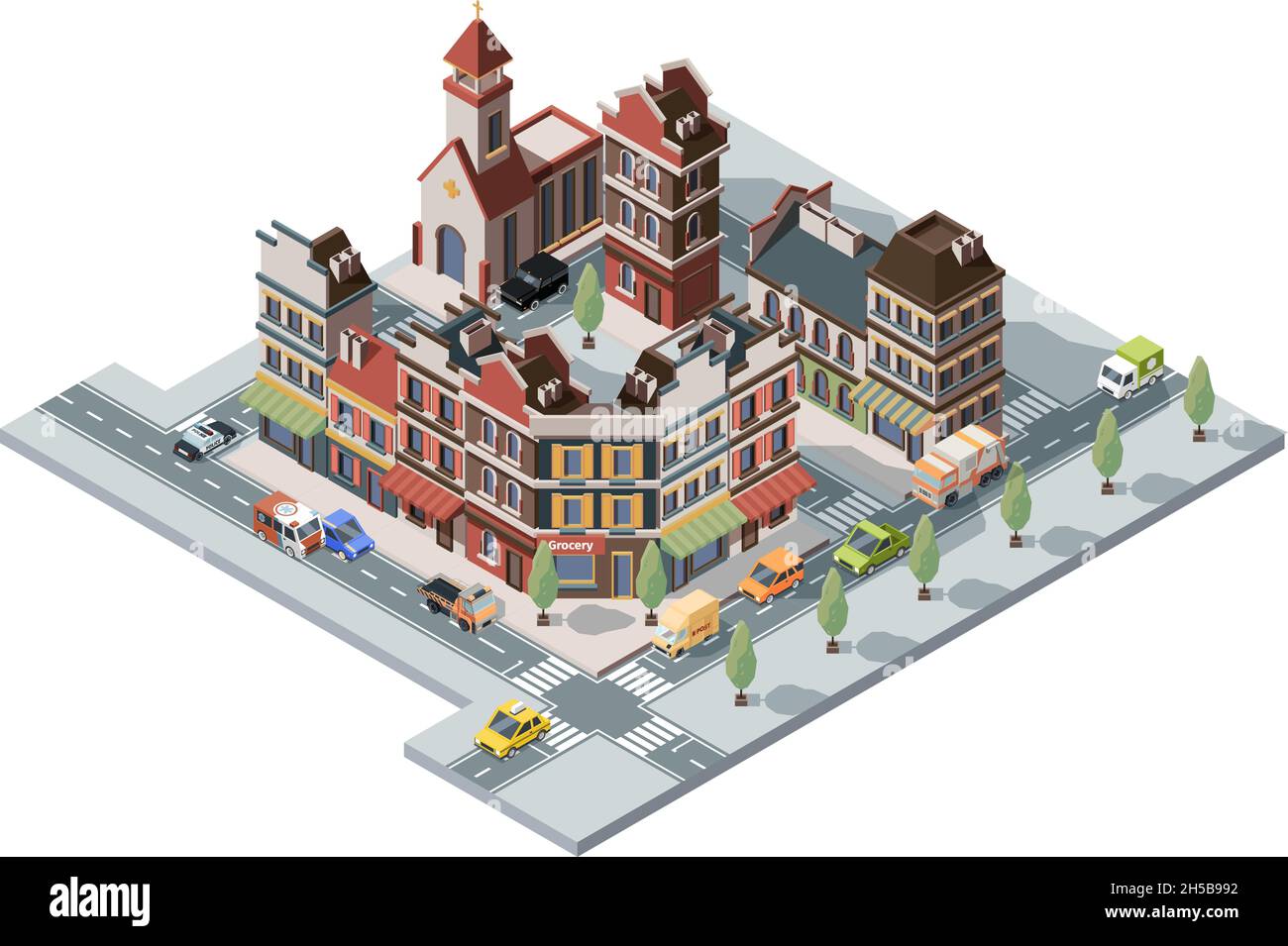 Old town isometric. Map 3d urban infrastructure retro historical houses and constructions vector buildings set Stock Vector