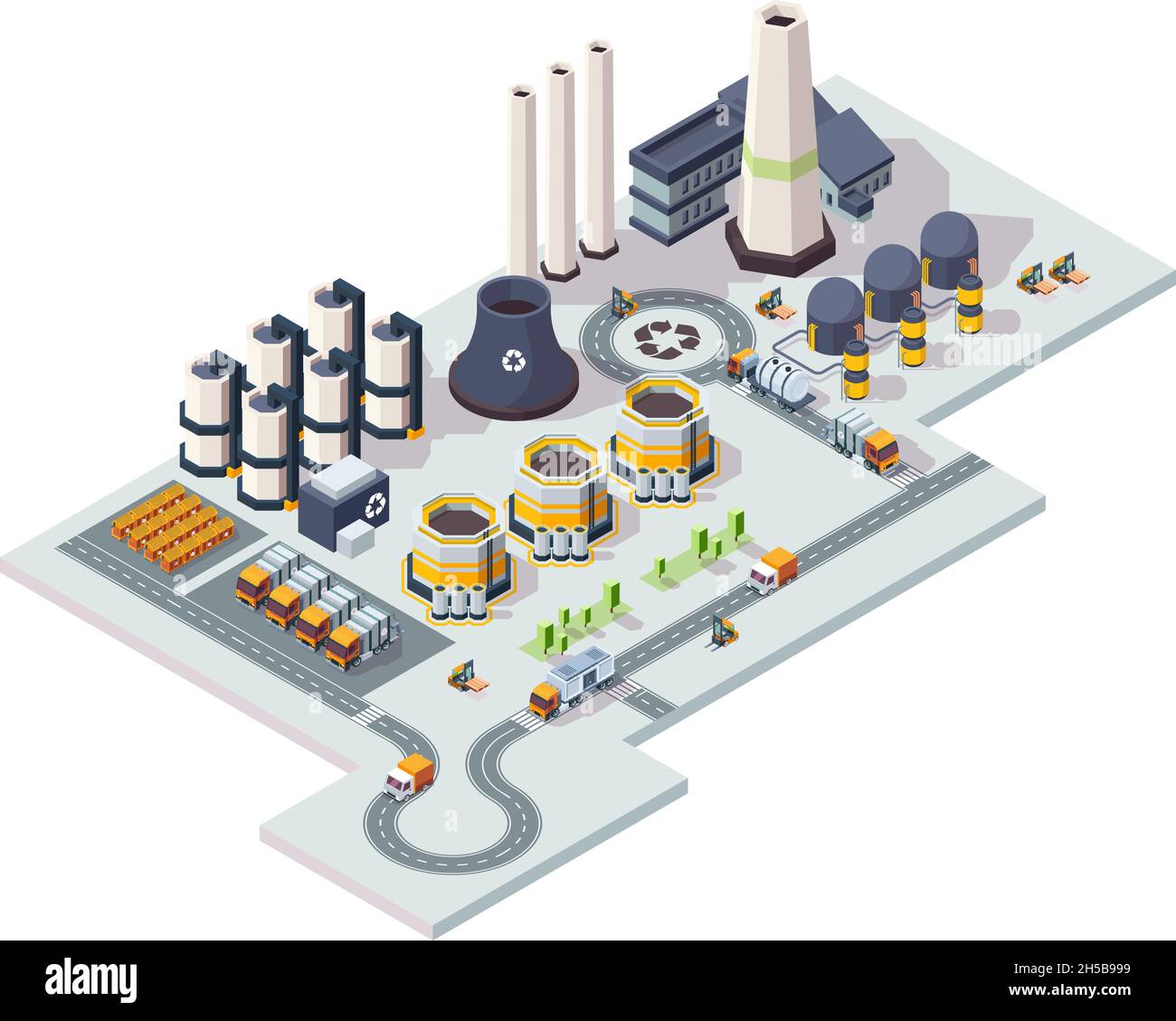 Recycling garbage factory. Industrial chemical plant architectural set vector lowpoly 3d isometric buildings Stock Vector