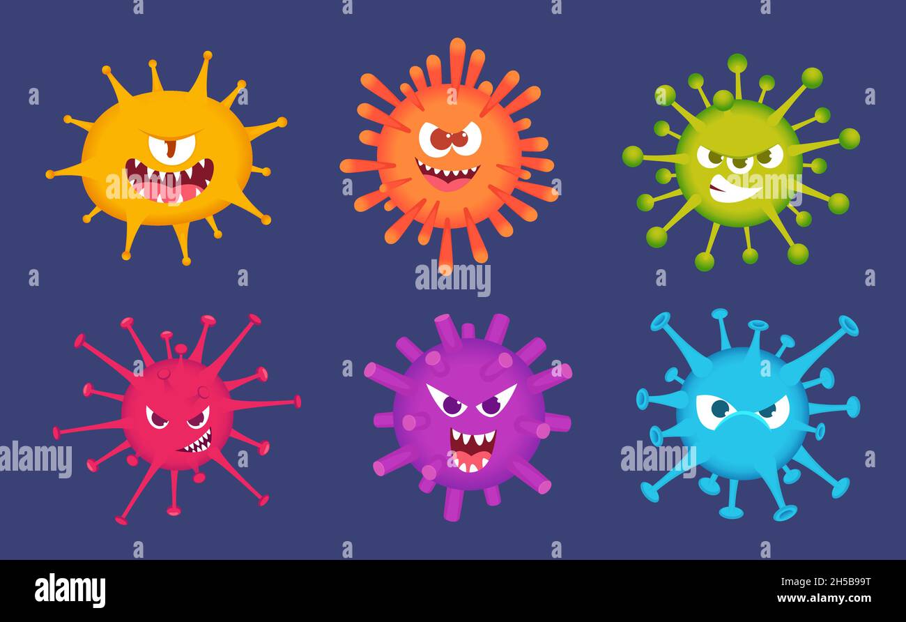 Cute cartoon viruses. Bacteria emotional faces scared emoticons devil toys biology colorful virus exact vector illustrations Stock Vector