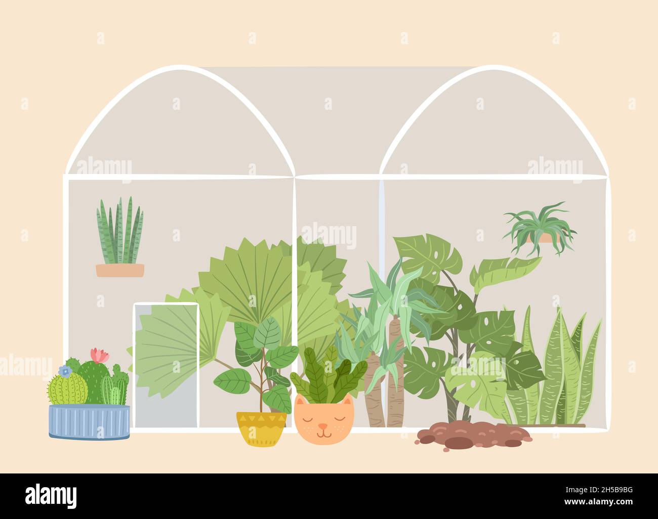 Glass greenhouse garden. Plants gardening, green tree and bushes. Succulents flower bed, botanical plantation, urban rustic jungle vector concept Stock Vector