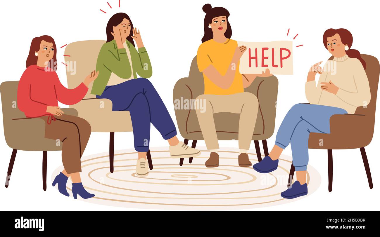 Support group. Depression, supports therapy with psychotherapist. Helping network, female problems and tired. Woman need help vector concept Stock Vector