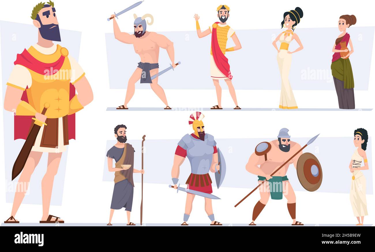 Ancient rome. Authentic clothes of rome traditional citizens medieval outfit coliseum warriors exact vector cartoon characters Stock Vector