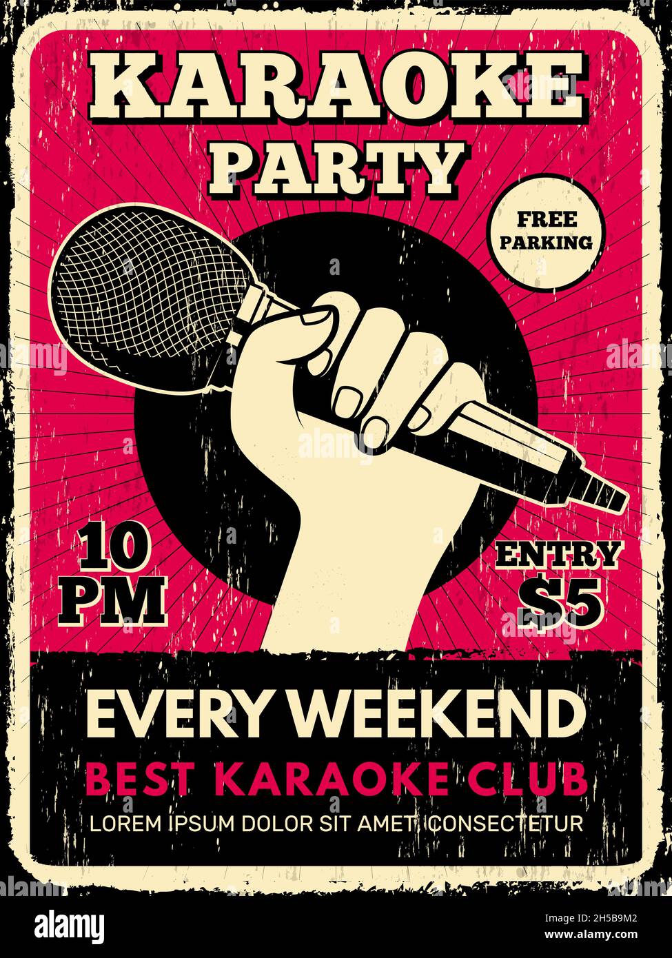 Karaoke party poster. Music club placard with microphone silhouettes recent vector flyer template Stock Vector