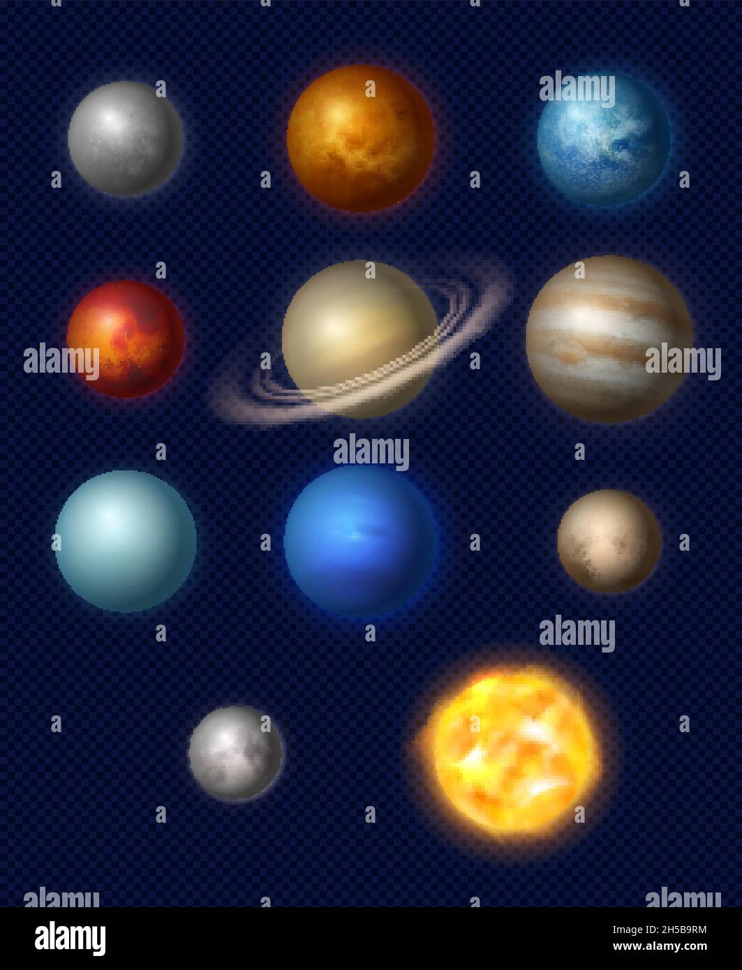 Planets realistic. Universe systems stars collection jupiter earth moon neptune various size of planets decent vector astronomy illustrations Stock Vector