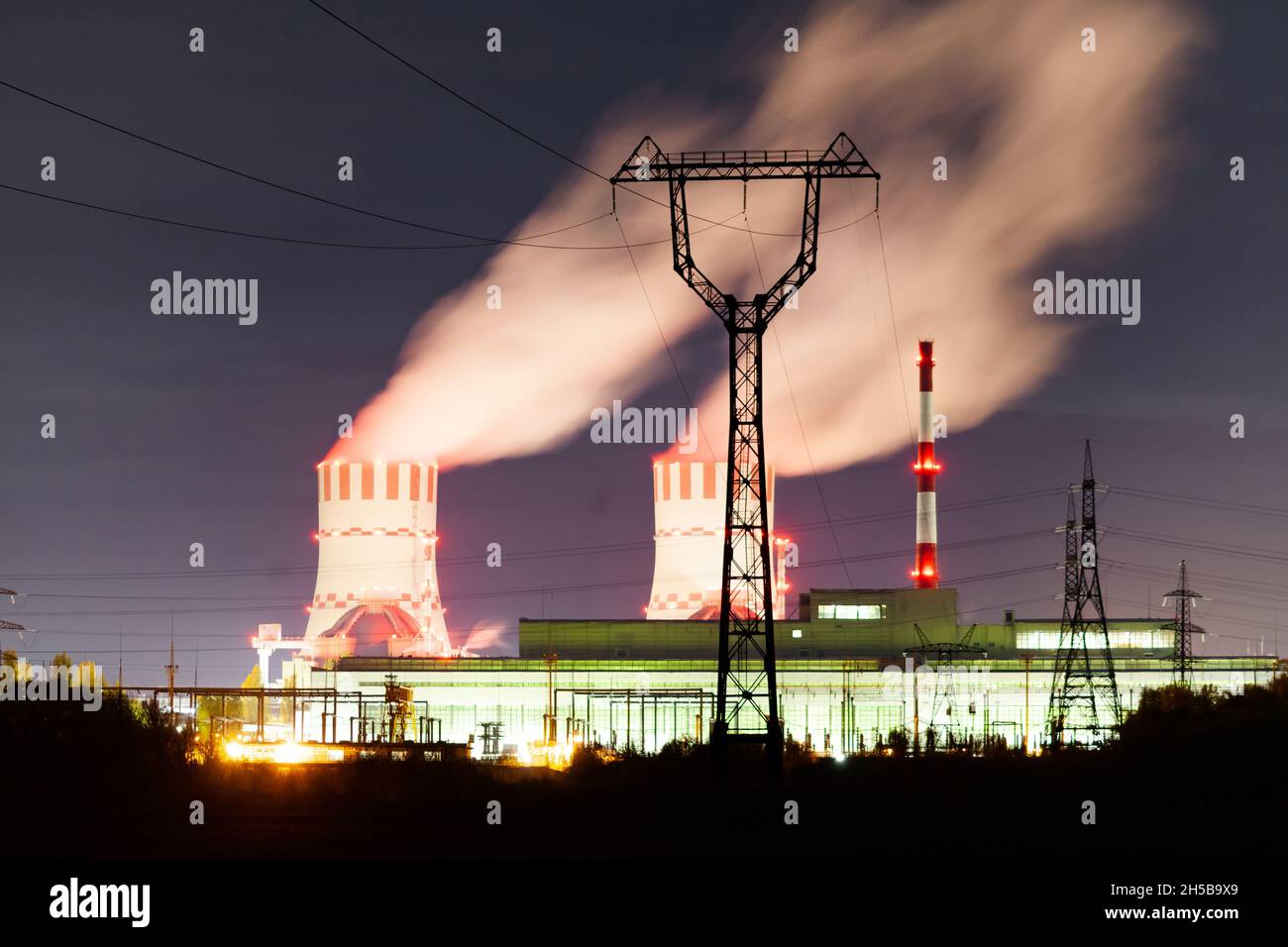 radiation near a nuclear power plant. Night emissions Stock Photo