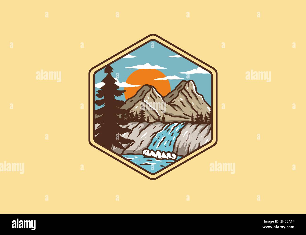 illustration drawing of mountain and waterfall design Stock Vector