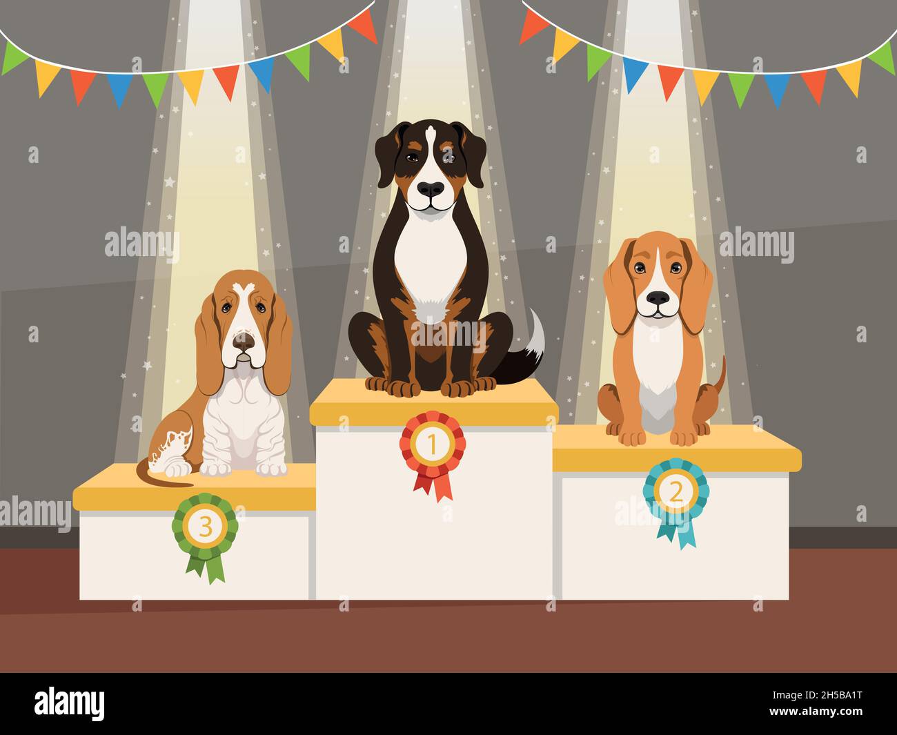 Best dog. Domestic pets exhibition podiums with prizes first second and ...