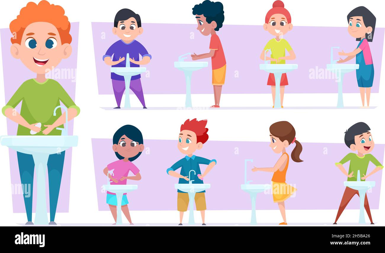 Kids hygiene. Happy little children washing hands cleaning body in water exact vector characters set Stock Vector