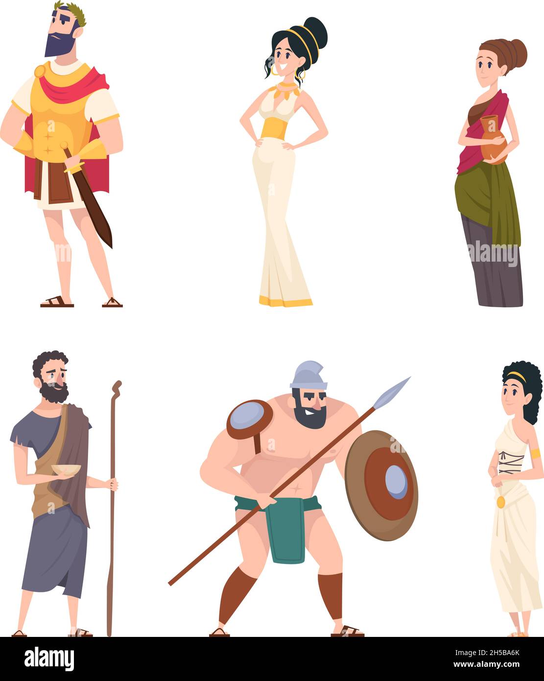 Ancient rome characters. Coliseum gladiator warriors with weapon citizens men traditional cultural persons exact vector people Stock Vector