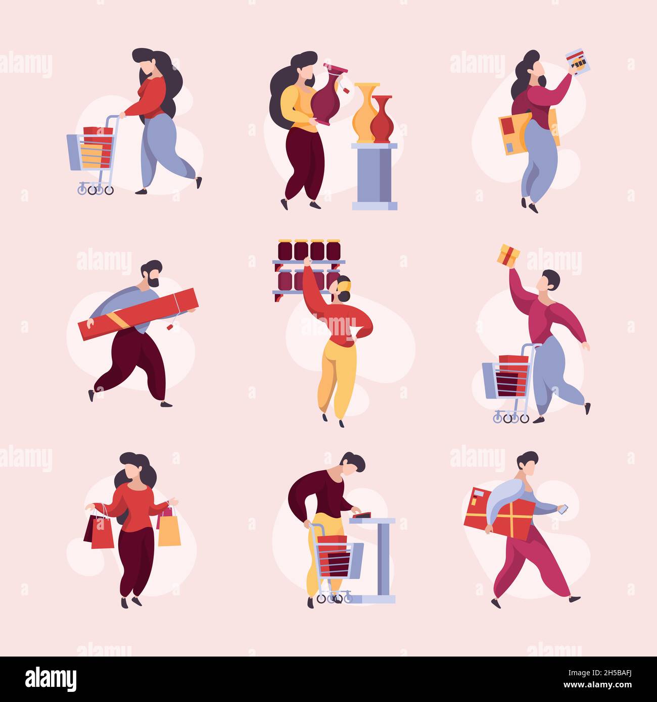 Buyers in shop. Supermarket characters with basket and products shelves garish vector buyers Stock Vector
