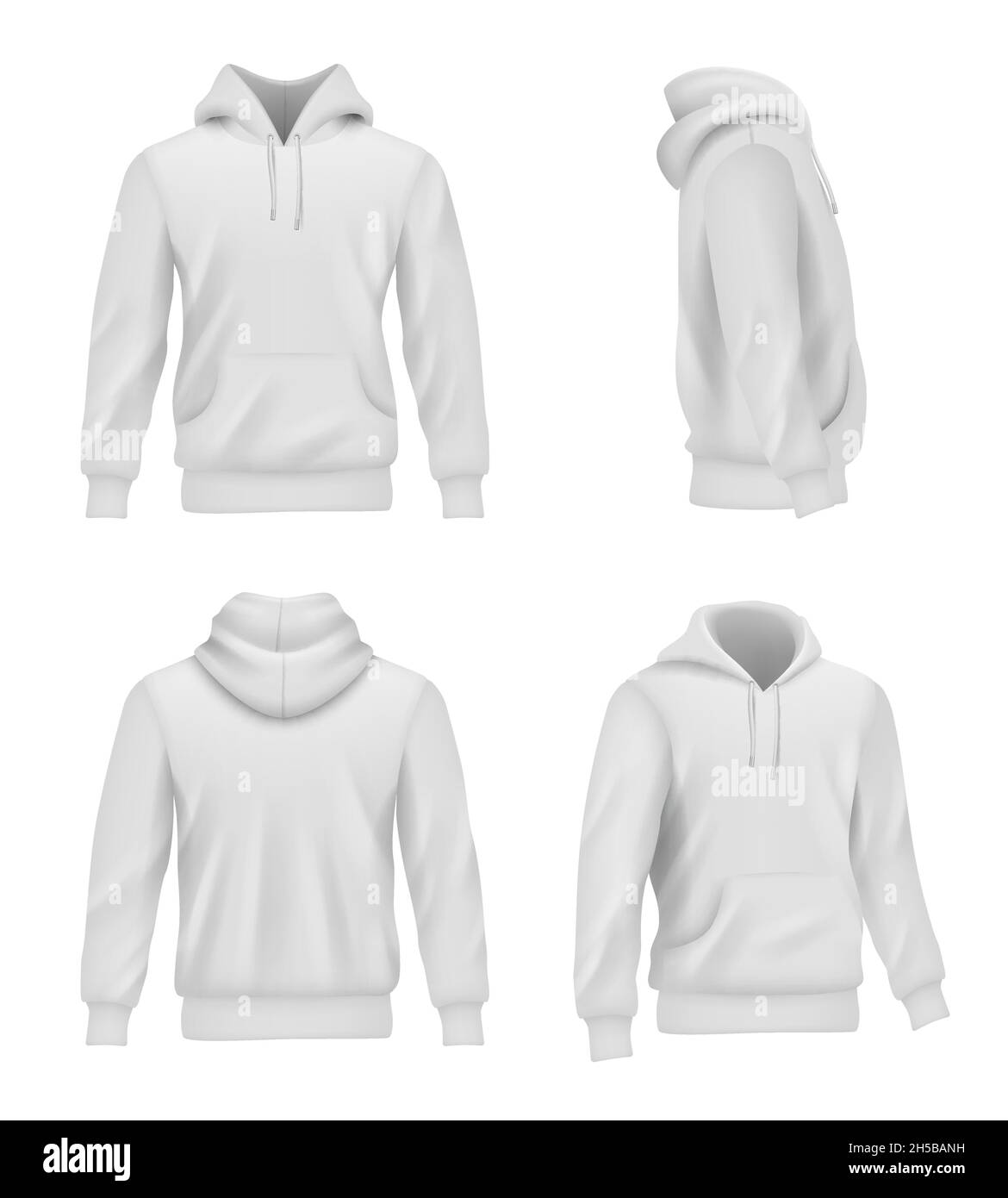 Hoodie realistic. Fashion sport clothes for man sweater casual white shirt decent vector pictures set Stock Vector