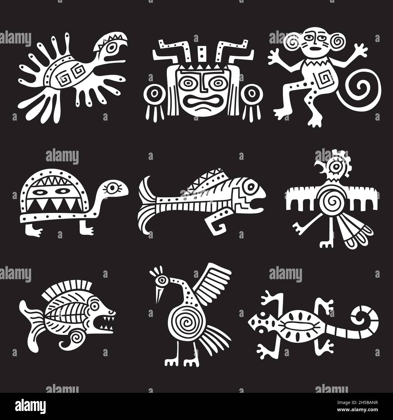 Ancient mexican symbol. Aztec tribal traditional symbols ornamental animals mayan objects recent vector illustrations Stock Vector