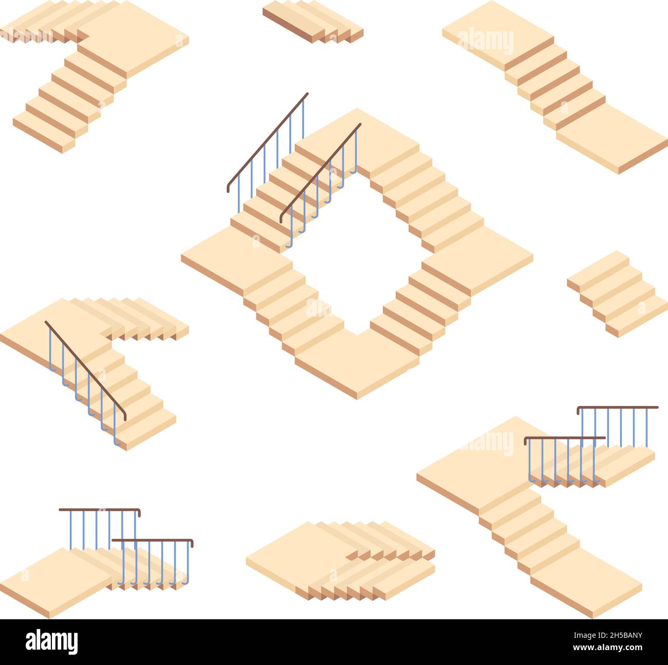 Stairs isometric. Outdoor staircase for houses constructions vector set Stock Vector