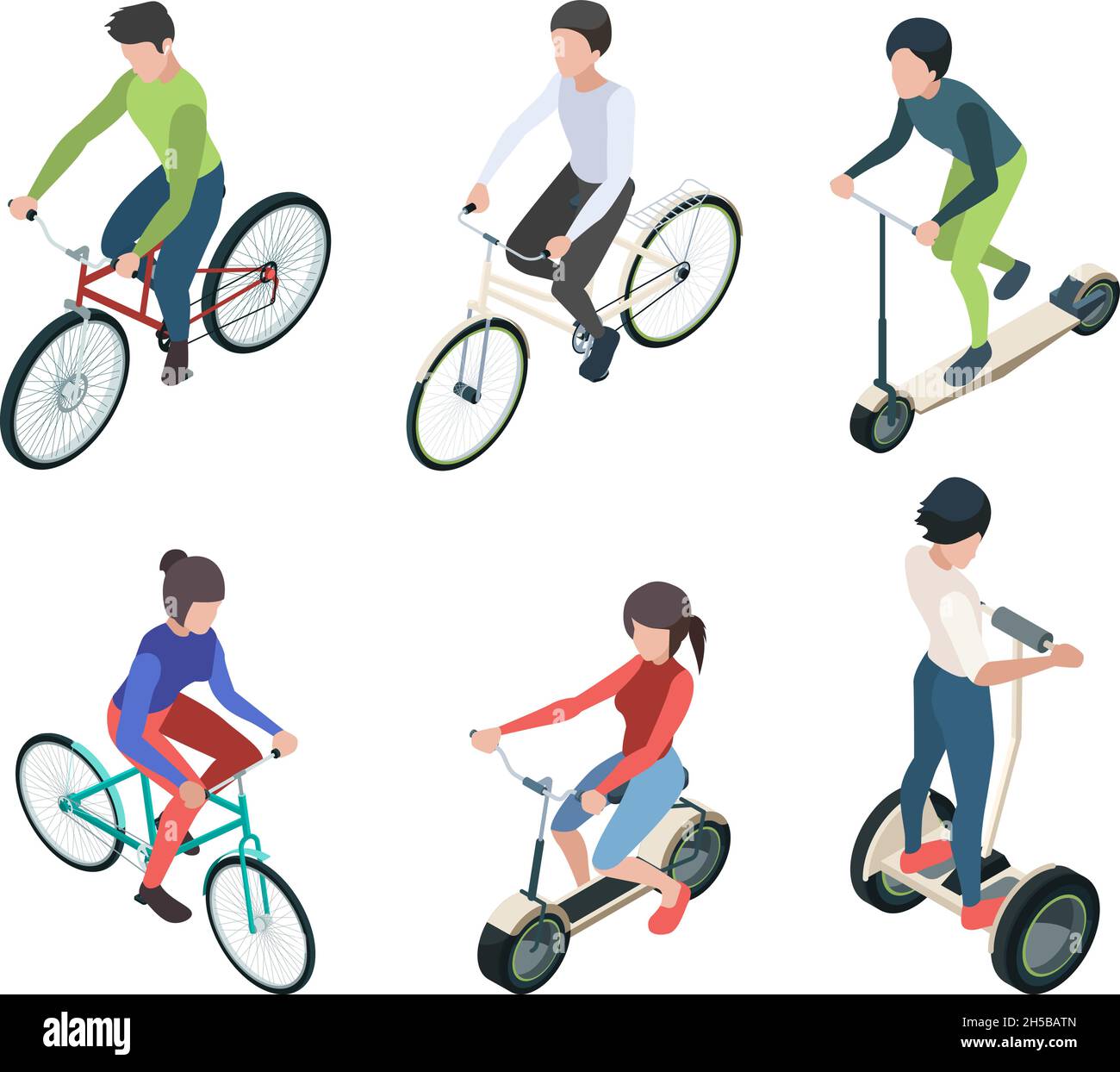 Bike people isometric. Persons riding bicycles fitness outdoor activities garish vector transport illustrations Stock Vector