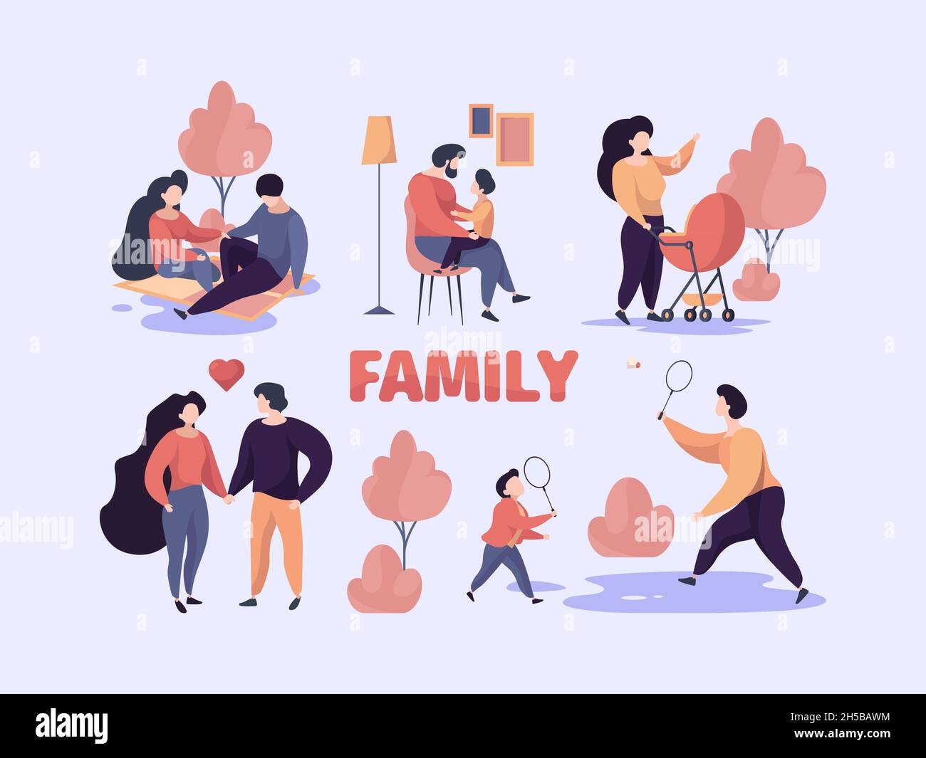 Family couples. Stylized happy characters parents mother and father with kids in various situation adult standing garish vector set Stock Vector