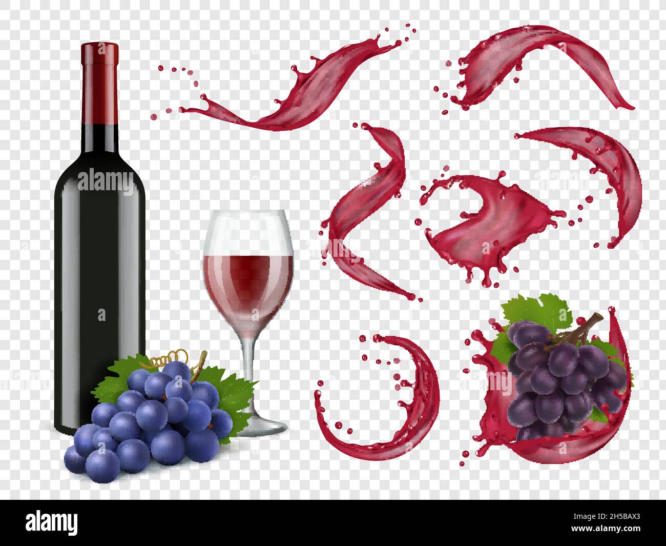 Wine splashes. Liquid red drops grapes bottles and glasses for ...