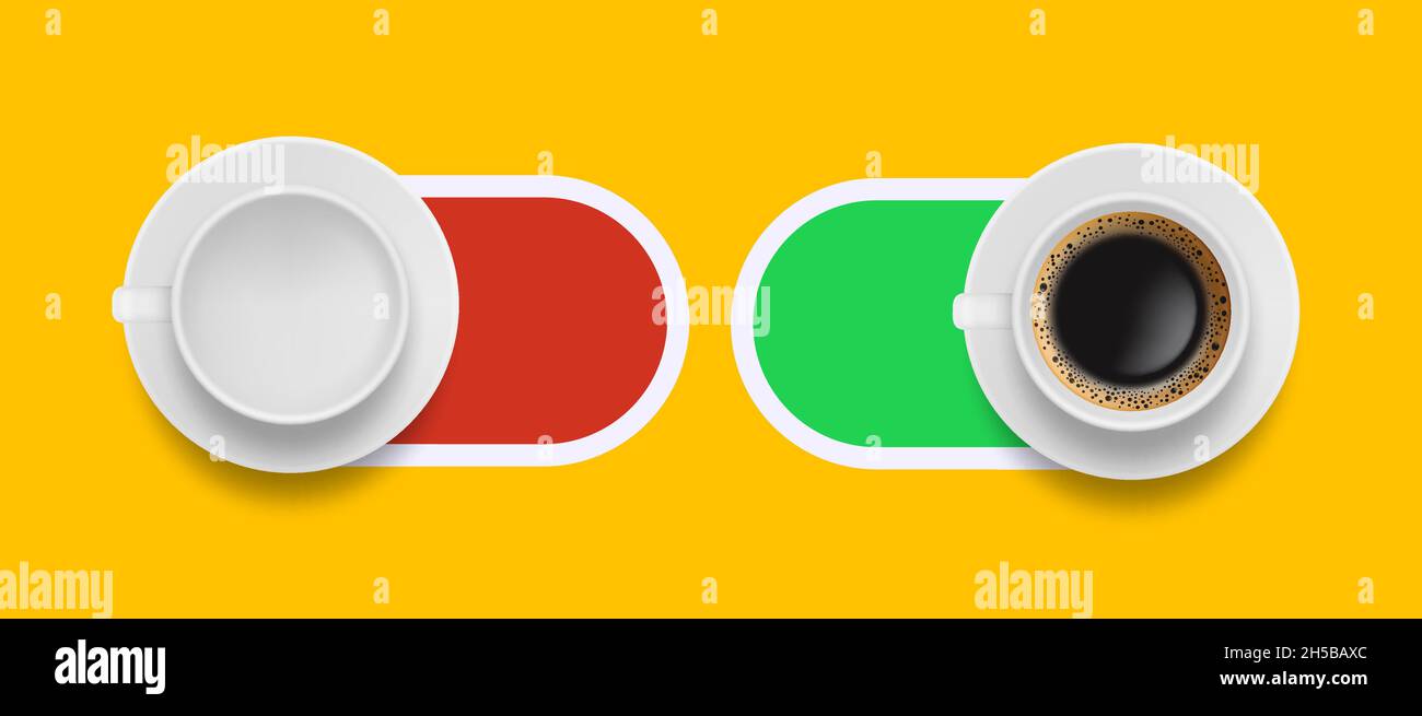 Coffee morning sliders. On off buttons with realistic empty white mug and americano or espresso drink vector illustration Stock Vector