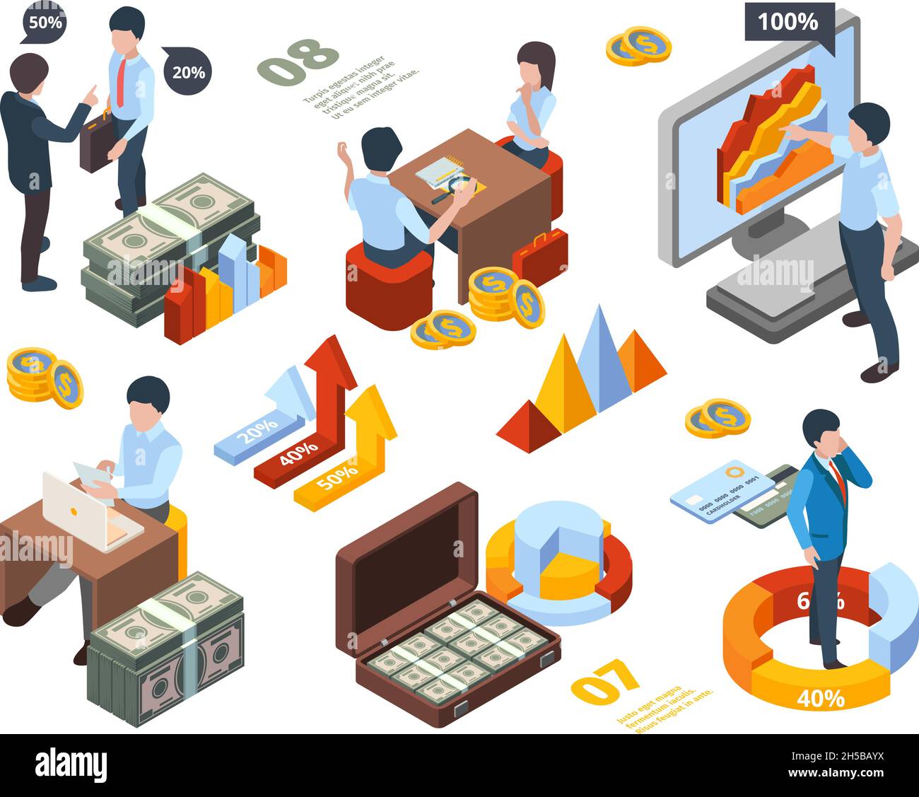 Financial concept isometric. Businessman money holding consulting graph company people vector concept Stock Vector