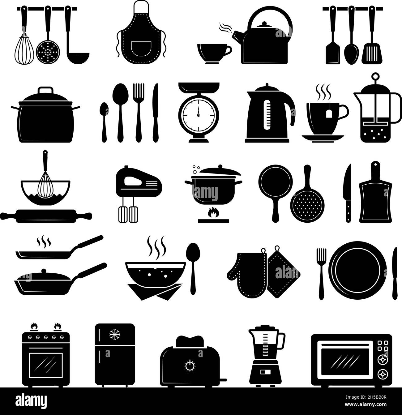 Kitchen icon. Food cooking utensils whisk stove knife silhouettes recent vector symbols Stock Vector