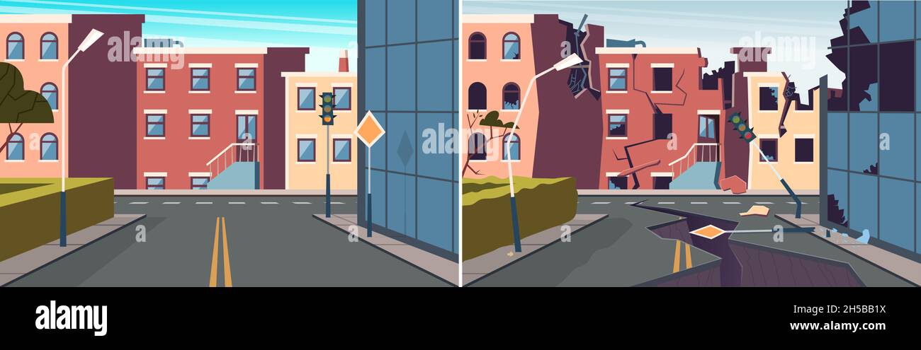 Urban landscape. Damaged city earthquake, broken road and buildings. Whole and destroyed city vector illustration Stock Vector