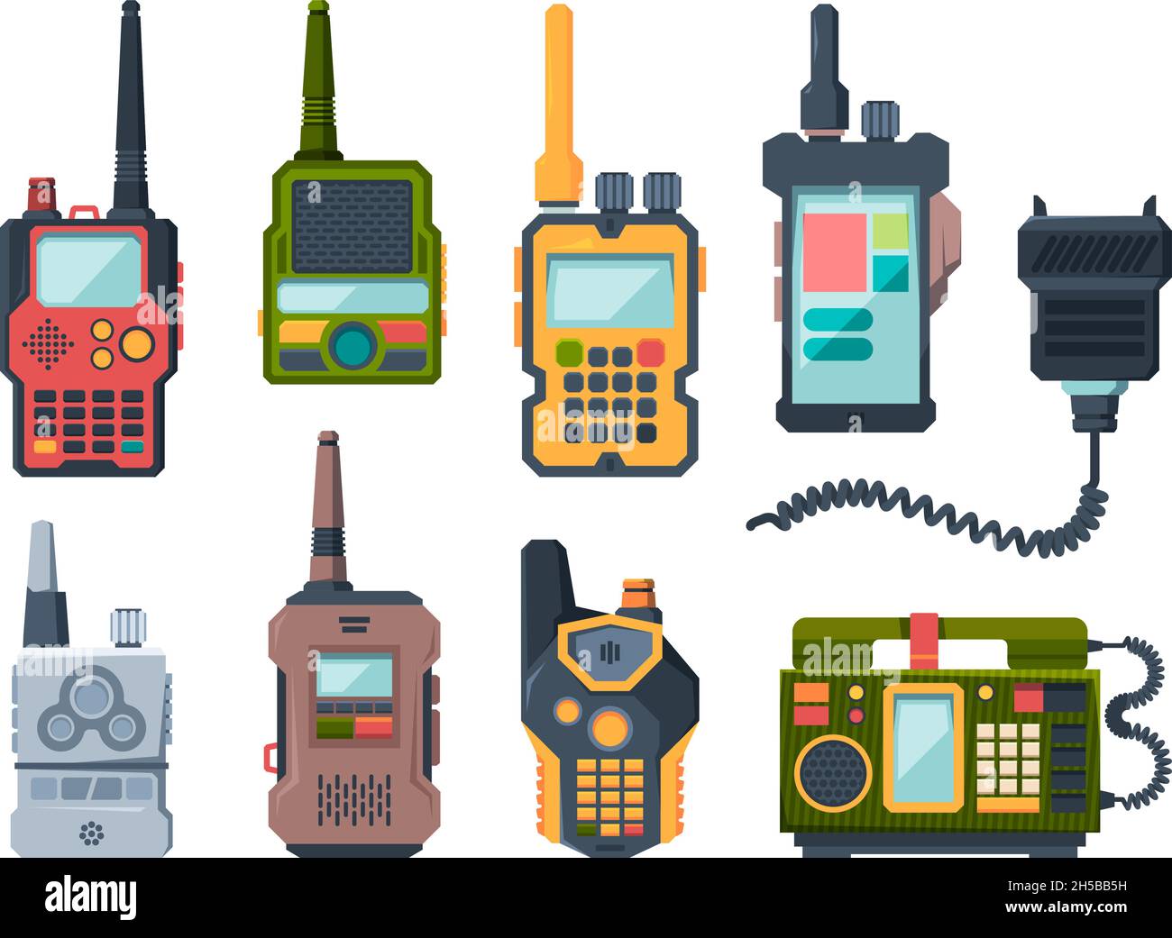 Radio transceiver. Talk devices for military police or travellers garish vector set Stock Vector