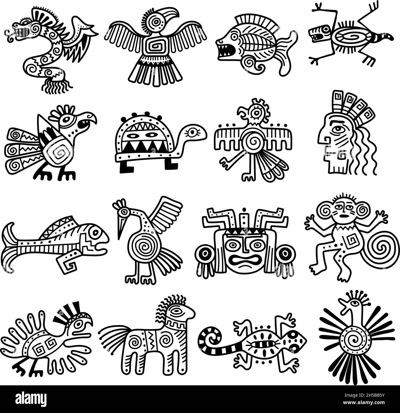 Ancient tribal logo. Mexican aztec icons animals decoration mayan pattern recent vector collection Stock Vector