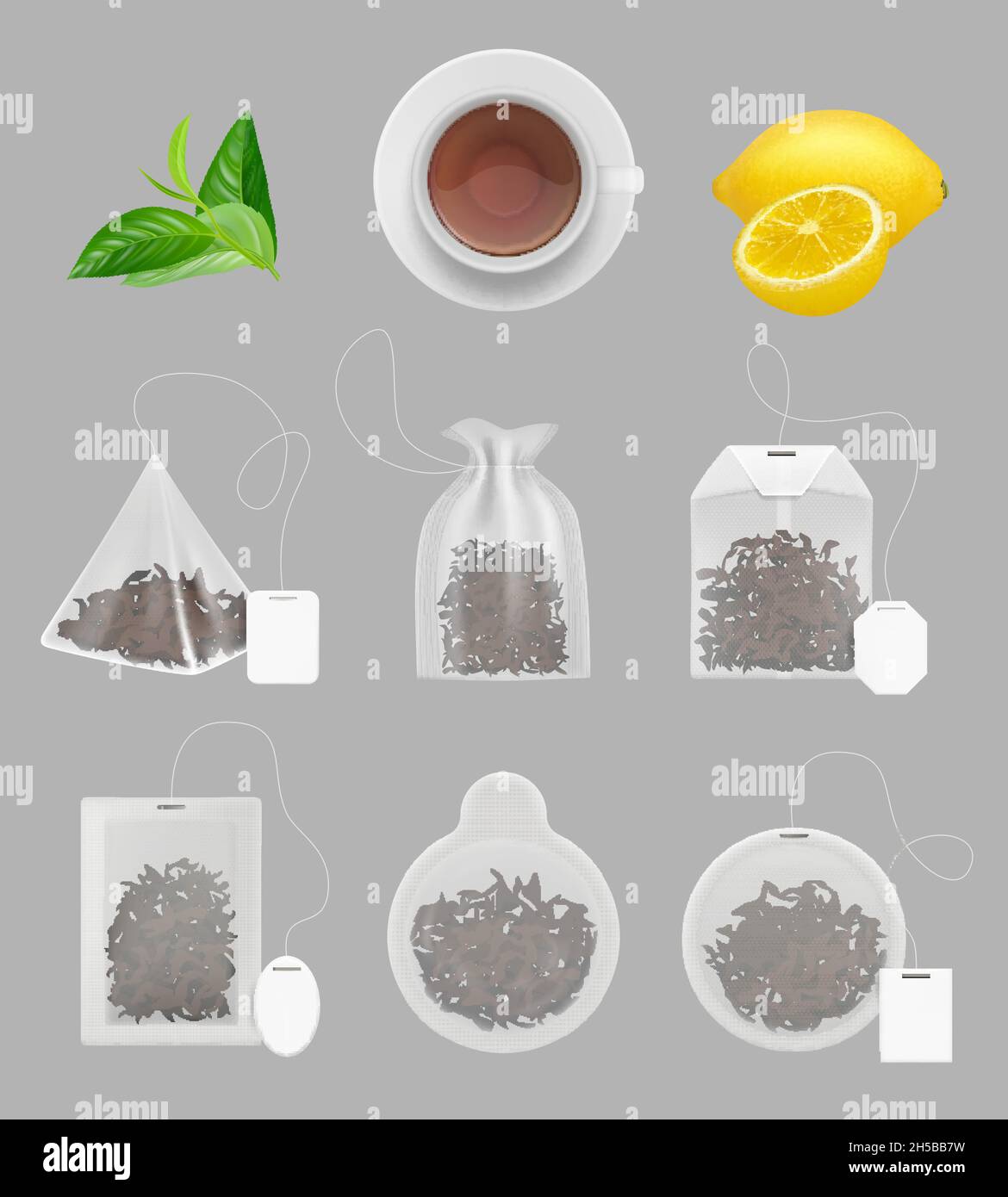 Tea bags collection. Realistic templates of green and black transparent