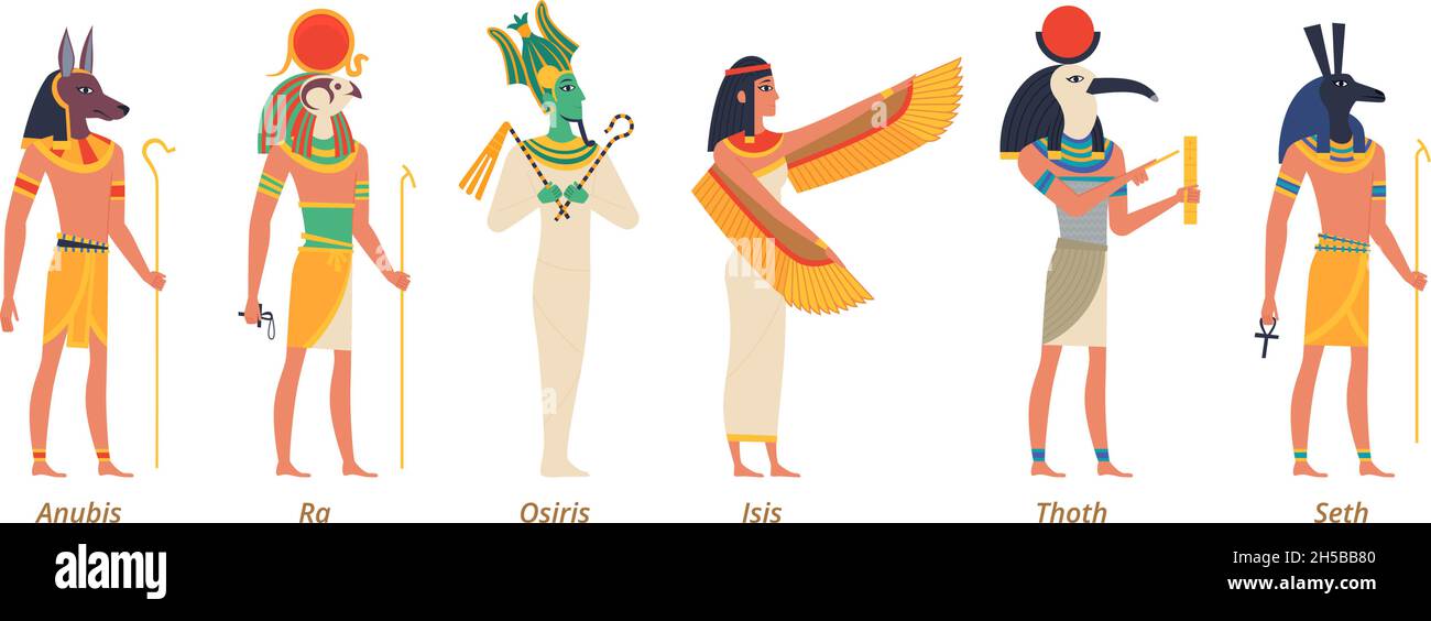 Egypt gods. Ancient authentic characters fairytale history sculptures pharaon jackal anubis birds osiris isis exact vector gods Stock Vector