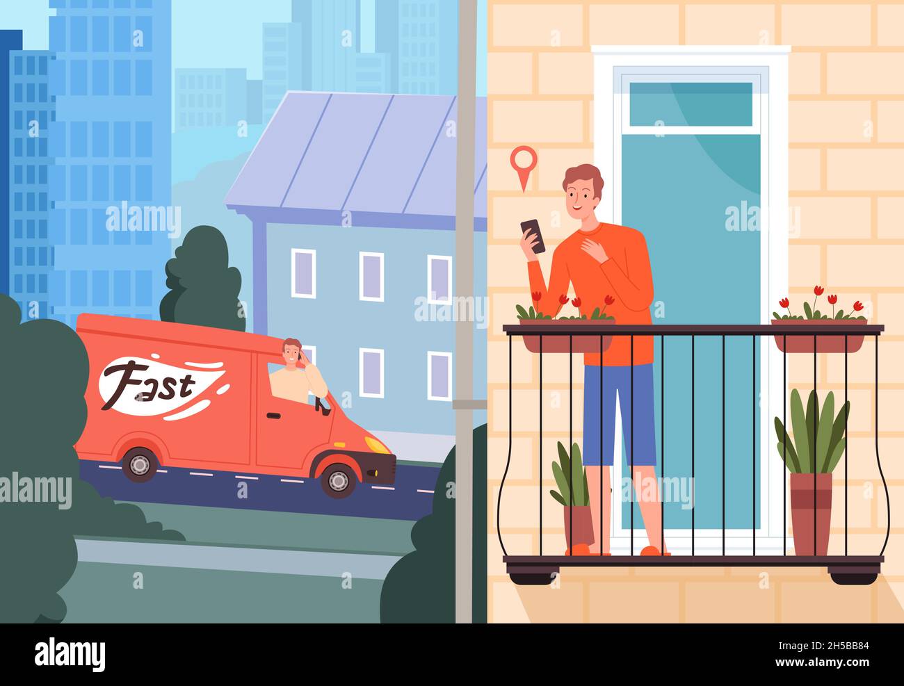 Man wait delivery. Fast safe service, food goods bring. Delivery man in truck on street and guy with phone on balcony vector concept Stock Vector