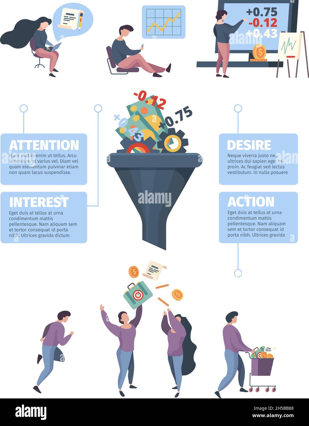 Sales funnel infographic. Marketing processes business costumers conversation of sell garish vector template Stock Vector