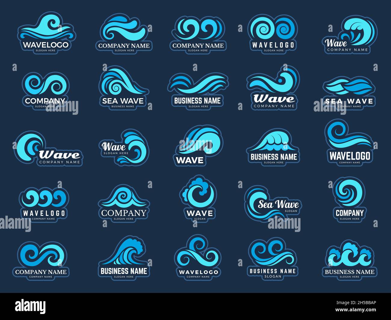 Wave logo. Stylized extreme round shapes water splashes wave flow recent vector set Stock Vector
