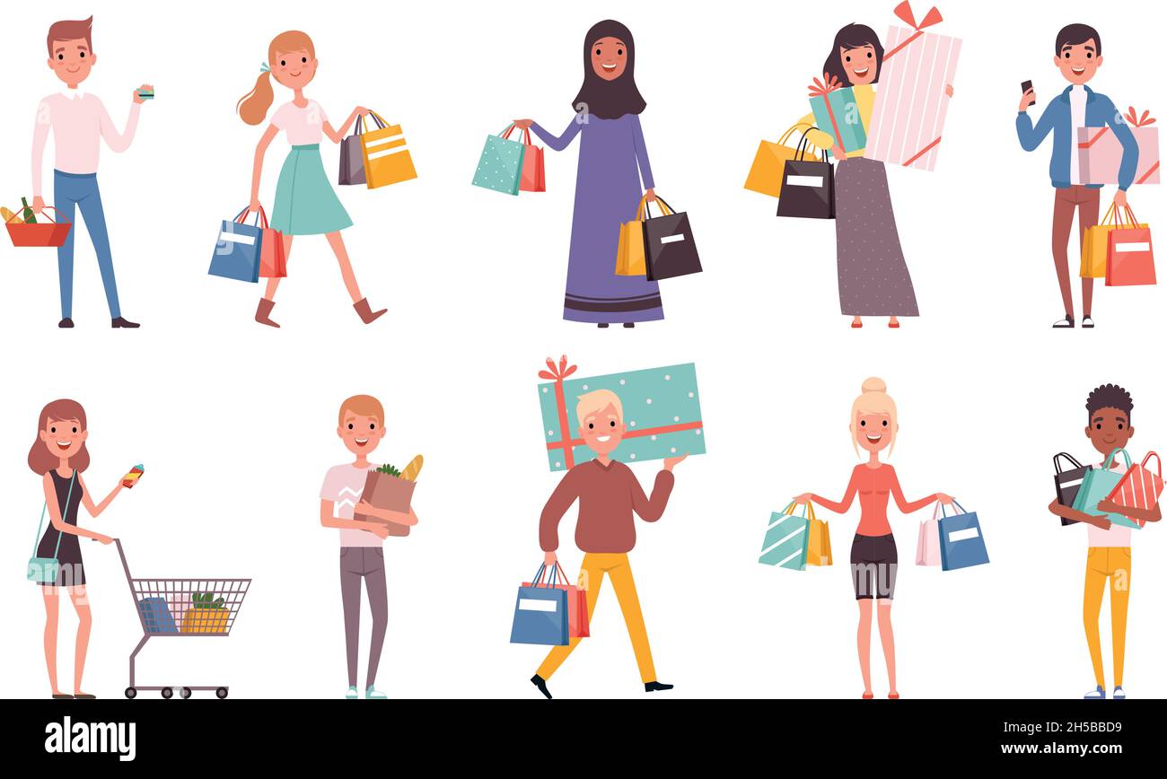 Buyers. Retail supermarket buyers with shopping bags shopaholic persons nowaday vector characters Stock Vector