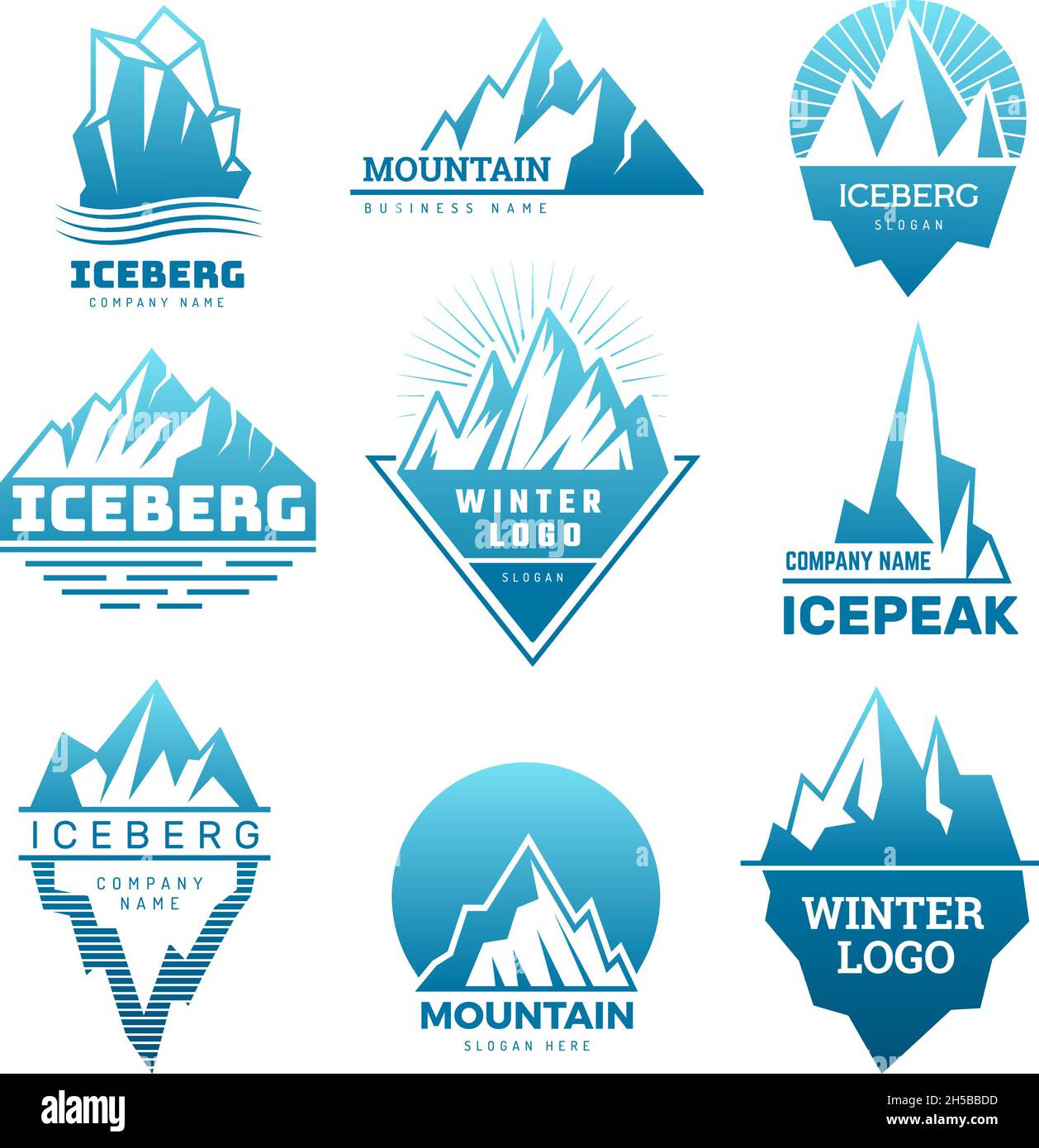 Mountain logo. Badges with ice rock pictures iceberg on north pole antarctic snow weather stylized recent vector business symbols Stock Vector