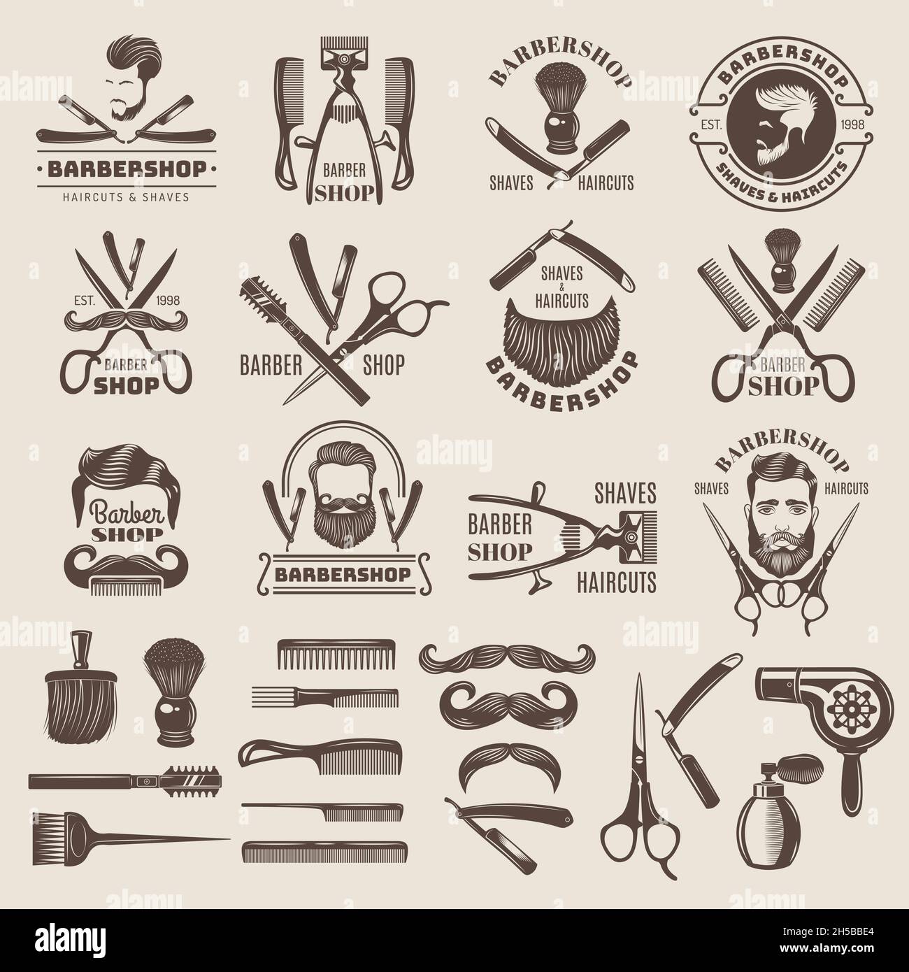 Barber shop badges. Scissors combs brush blade hair dryer recent vector