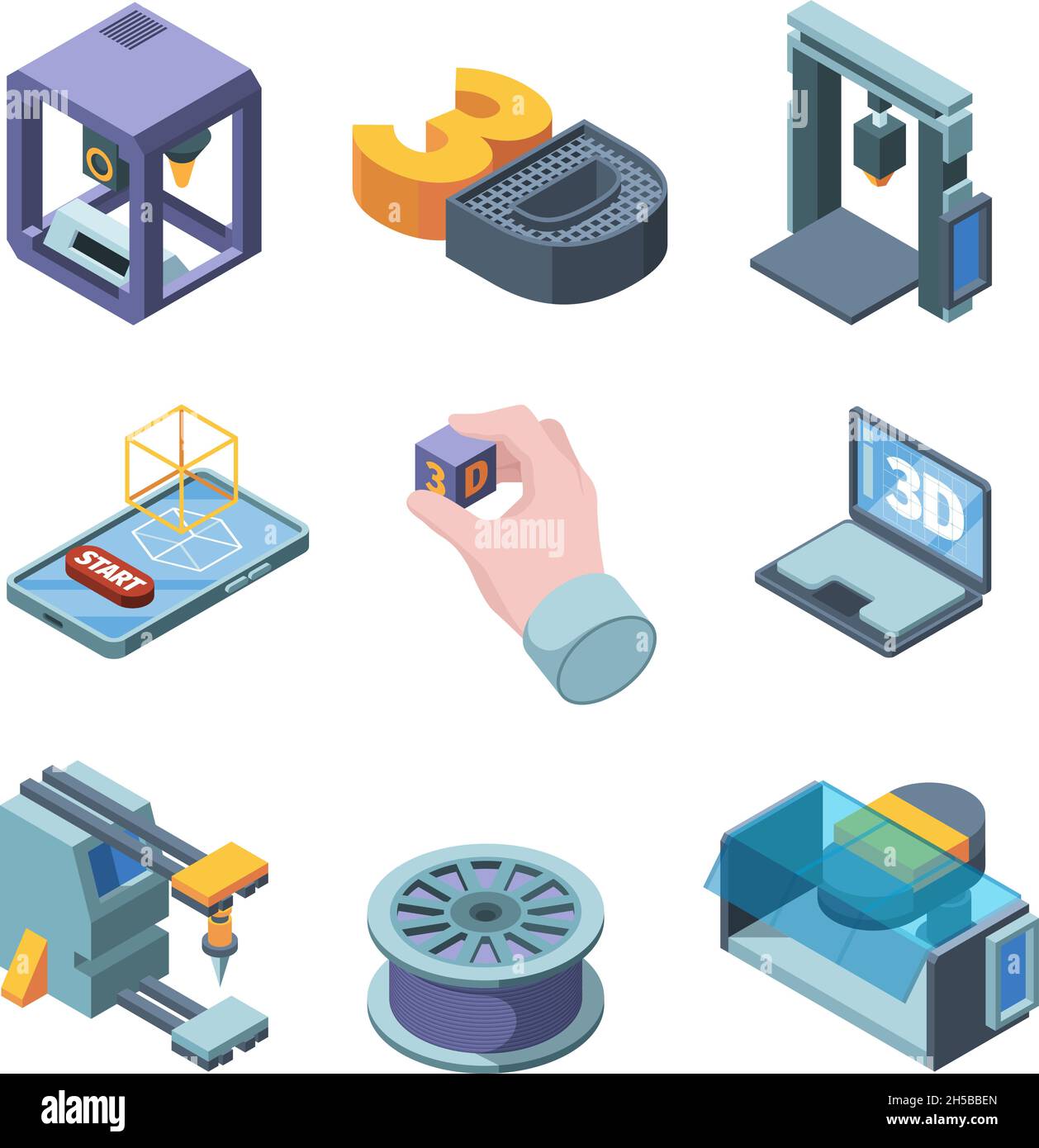 3d printing. Engineers planning buildings projects 3d modelling on smart printers garish vector isometric pictures set isolated Stock Vector