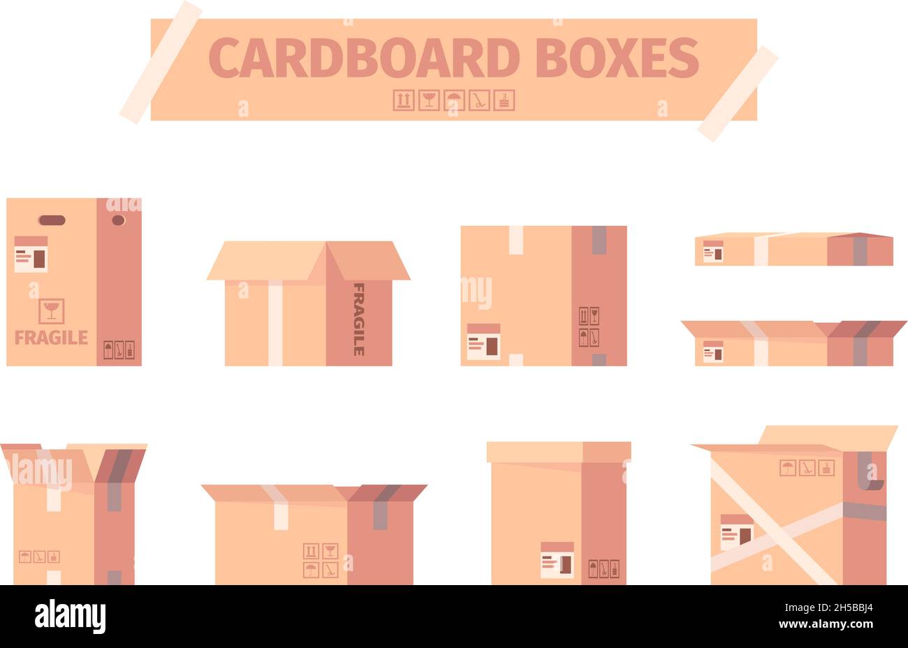 Cardboard boxes. Delivery packages shipping container symbols garish vector illustrations collection Stock Vector