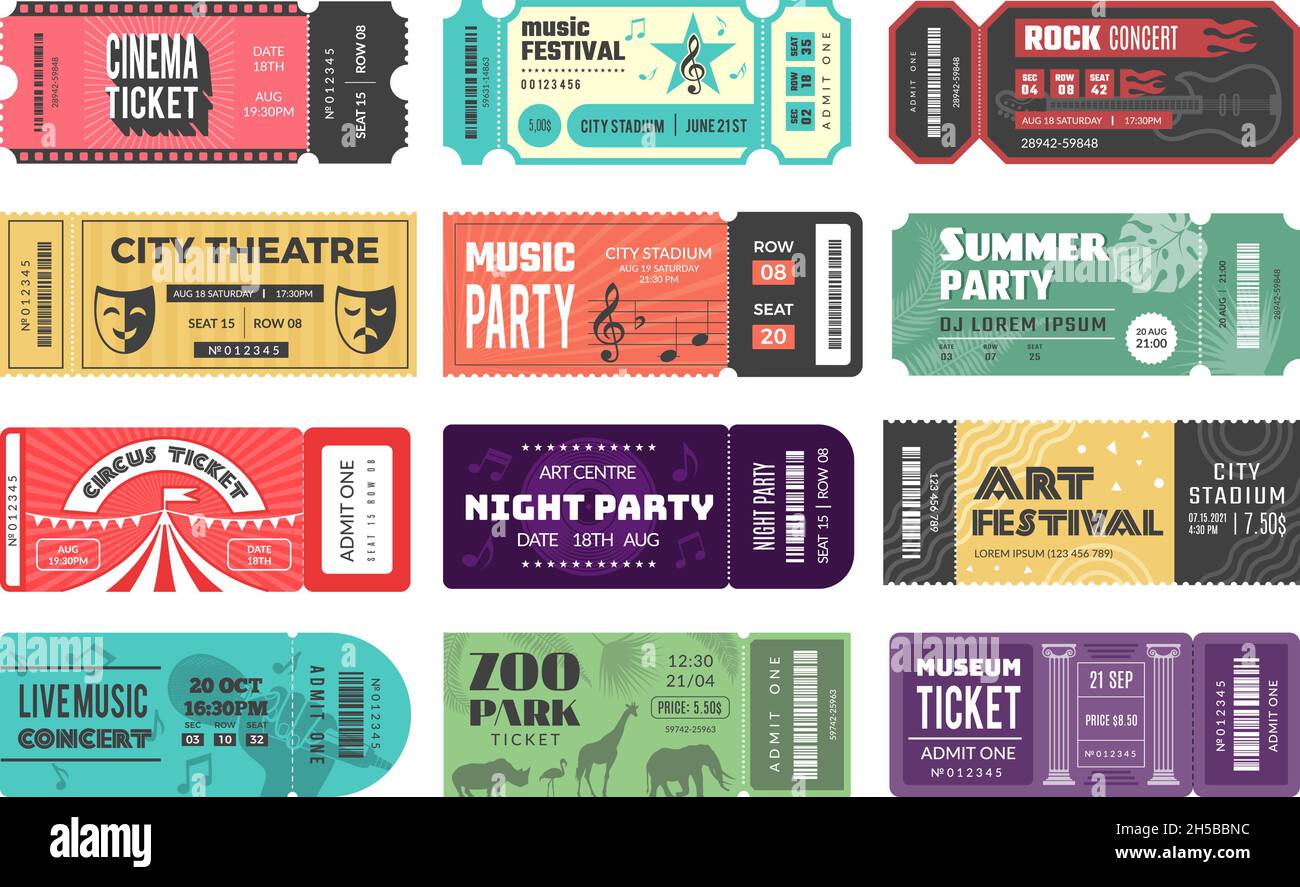Entertainment tickets. Event cardboard labels cinema theatre kids playground music festival recent vector design tickets set isolated Stock Vector