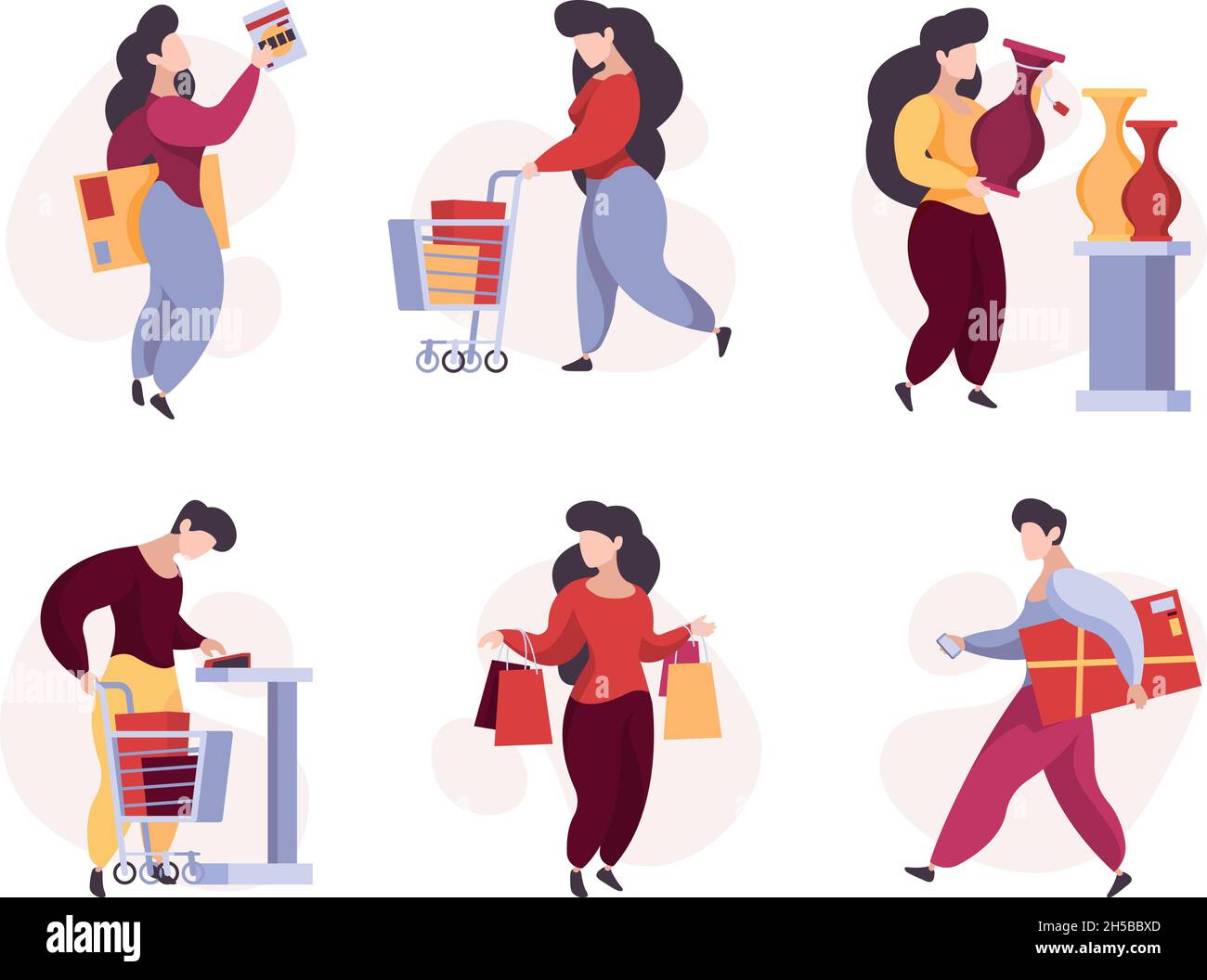 Characters shopping. Woman man buyers with product basket supermarket garish vector people Stock Vector