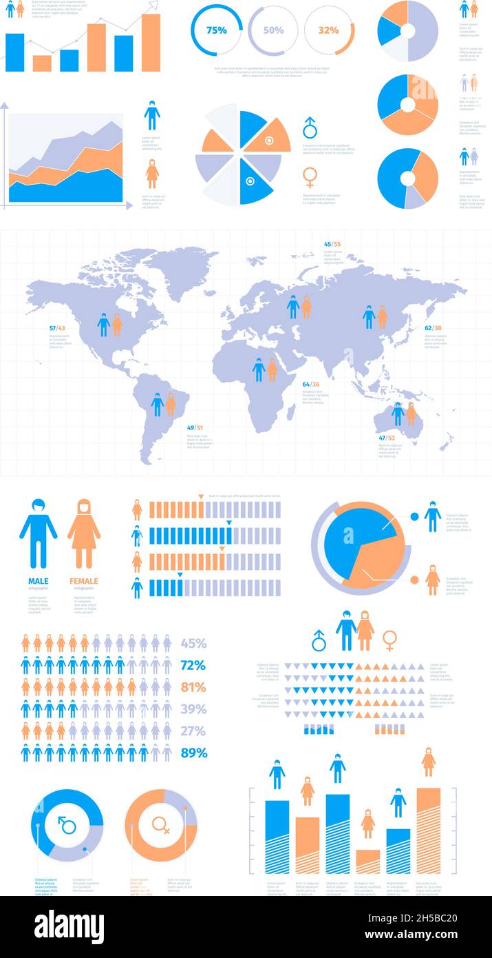Demographic infographic. People population statistics percentage visualisation graphic garish vector business presentation Stock Vector