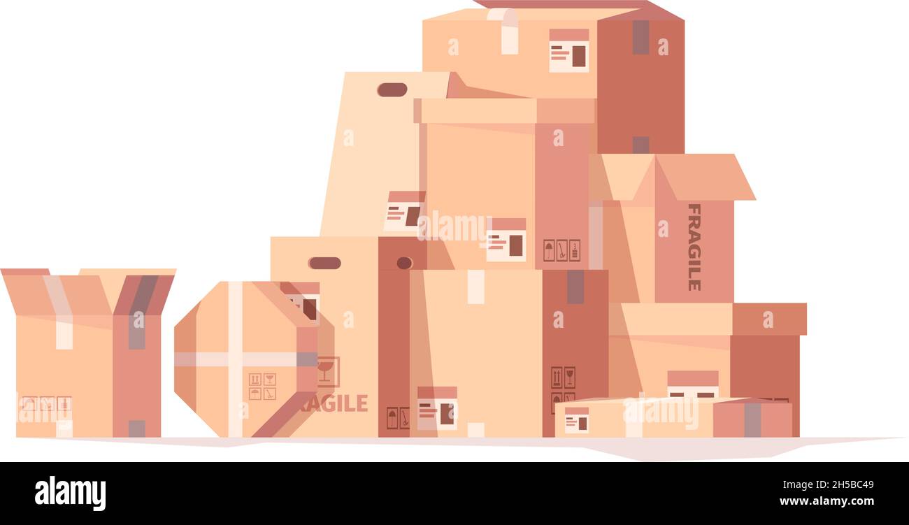Packages stack. Delivery cardboard boxes cargo containers hills piles garish vector set Stock Vector